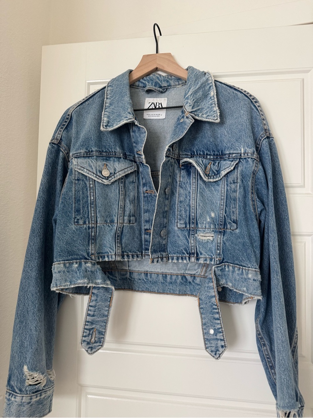 Zara Light Blue Cropped Distressed Denim Jacket